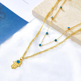 Nuevo collar con colgante de mano de Hamsa para mujeres y niñas, cadena de doble capa de ojos malvados azules de acero inoxidable, joyería turca de la suerte 