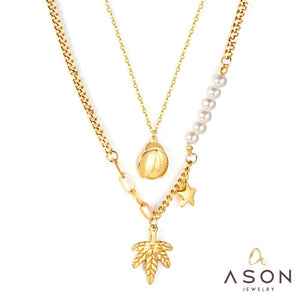 ASON Leaves Ladybug Imitation Pearl Multi-layer Chains Pendant Necklaces Gold Color Stainless Steel for Women Jewelry