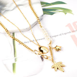 ASON Leaves Ladybug Imitation Pearl Multi-layer Chains Pendant Necklaces Gold Color Stainless Steel for Women Jewelry