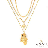 ASON Gold Color Stainless Steel Owl Pendant Necklace Multi-layer Choker with Imitation Pearl for Women Jewelry Gift