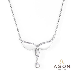 ASON Fashion Silver Color Wing Pendant Necklace with Cubic Zirconia Stainless Steel Choker for Women Party Gift Jewelry