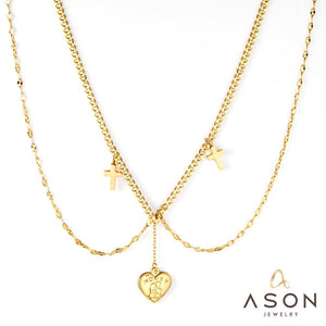 ASON Fashion Heart Cross Multi-layer Chain Pendant Necklace Gold Color Stainless Steel Choker for Women Jewelry Accessories