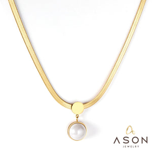 ASON – chaîne serpent plate couleur or, pendentif rond en Imitation de perles, ras du cou en acier inoxydable pour femmes, bijoux à la mode 