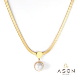 ASON Gold Color Flat Snake Chain Round Imitation Pearl Pendant Necklace Stainless Steel Choker for Women Fashion Jewelry