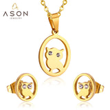 ASON Gold Color 316L Stainless Steel Jewelry Sets  for Women Round Owl Pendant Necklace Small Stud Earrings for Femme