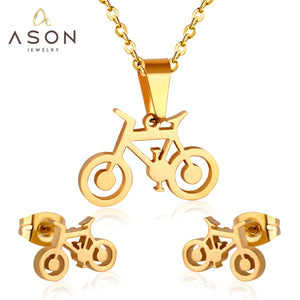 ASON conjuntos de joyas de Color dorado de acero inoxidable 316L para mujeres y hombres, collar con colgante en forma de bicicleta, pendientes pequeños para mujer 