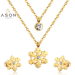 ASON Snowflake Cubic Zirconia Pendants Multilayer Necklace Earrings Jewelry Sets Gold Color Stainless Steel Women Christmas