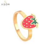 ASON Trendy Style Cute Strawberry Shape Circle Ring Gold Color Stainless Steel For Women Jewelry Accessory Daily Wear Patry