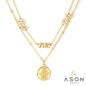 ASON Gold Color Hamsa Hand Round Pendant Multi-layer Necklace Stainless Steel Fatima Choker for Women Men Fashion Jewelry