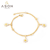 ASON Little Flower Pendant Bracelet Stainless Steel Double Chain Bangle with Steel Ball for Women Fashion Jewelry Gift