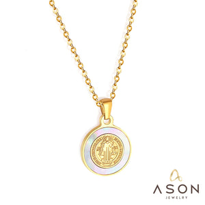 ASON Round Shell Jesus Fashion Pendant Necklaces Gold Color Stainless Steel Choker Jewelry for Women Anniversary Gift