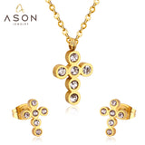 ASON Classical Cross Wedding Zirconia Jewelry Set Pendant Necklace & Drop Stud Earrings Gold 316L Stainless Steel for Women