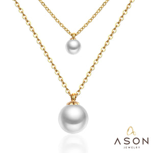 ASON Double Link Chain Choker Necklaces Stainless Steel Imitation Pearl Round Pendant Necklaces Female Party Wholesale Gift