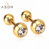 ASON Surgical Round Shape Cubic Zirconia Screw Stud Earrings Gold Color Stainless Steel for Kid/Women/Girl Jewelry Priecing