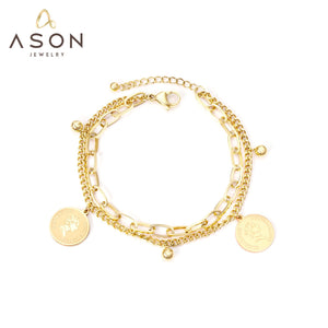 ASON Gold Color Multi-layer Bracelet with Coin Charm Stainless Steel Bangle Bracelets with Lobster Clasp Extender for Women