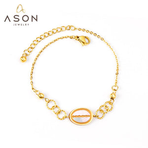 ASON Simple Style Shell Shape Charm Bracelet Gold Color Stainless Steel Bangle with Extender 17+3cm for Women Gift Jewelry