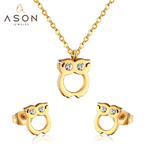 ASON Cute Owl Pendant Necklace Piercing Stud Earrings Jewelry Sets Stainless Steel Gold Color For Women Wholesale Fashion