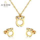 ASON Cute Owl Pendant Necklace Piercing Stud Earrings Jewelry Sets Stainless Steel Gold Color For Women Wholesale Fashion