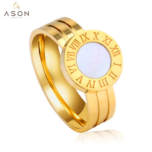 ASON Famous Brand Women Rings Gold Color White/Black Shell Stainless Steel Roman Numeral Engagement Rings Luxury Accessorie