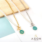 ASON Classic Round Tag Letter OT Clasp Half Pearl Chain Pendant Necklace Gold Color Stainless Steel For Women Jewelry Gift