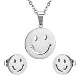 ASON Smile Face Jewelry Set Stainless Steel Pendant Necklace Small Piercing Stud Earrings Gold Color Fashion Party Gift