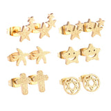 ASON 6pairs/Box Cute Baby Cross/Smile/Star/Round Piercing Stud Earrings Set Gold Color Accessories  Stainless Steel Jewelry