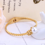 ASON Decliate Jewelry Stainless Steel Flower and Imitation Pearl Gold Cuff Bracelets Bangles Classic Jewelry Women Party