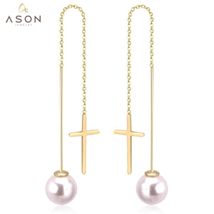 ASON Long Line Link Chain Imitation Pearl Dangle Earrings for Women Gold Color Cross Earrings Female Bijoux Pendientes