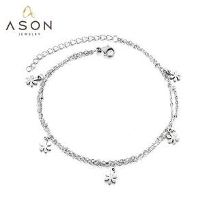 ASON moda Color plata accesorios de flor de melocotón cadena de eslabones multicapa tobillera de acero inoxidable para mujer joyería de pie