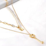 Fashion Lock With Key Double Pendant Necklaces For Women Imitation Pearl Chain Necklace Popular Jewelry 2021 Hot