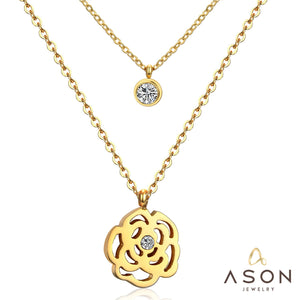 ASON Double Round Flower Pendant Necklaces Stainless Steel Link Chain Necklaces For Women Gold Color Accessories Chokers