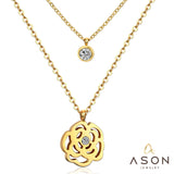 ASON Double Round Flower Pendant Necklaces Stainless Steel Link Chain Necklaces For Women Gold Color Accessories Chokers