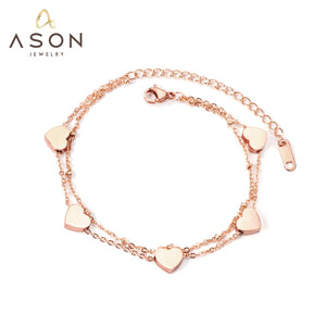 ASON Multi-layer Heart Charm Bracelet Gold Color Stainless Steel Bangle with Extender for Women Girl Fashion Jewelry Gift