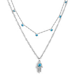 Nuevo collar con colgante de mano de Hamsa para mujeres y niñas, cadena de doble capa de ojos malvados azules de acero inoxidable, joyería turca de la suerte 