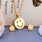 ASON Smile Face Jewelry Set Stainless Steel Pendant Necklace Small Piercing Stud Earrings Gold Color Fashion Party Gift