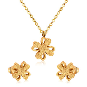 ASON Frosted Flower Chain Pendant Necklace Piercing Earrings Gold Color Stainless Steel for Women Jewelry Sets Fashion