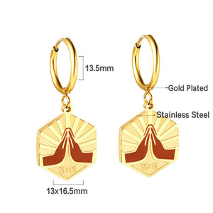 ASON Trendy Hexagon Champagne Palms Together Pattern Piercing Drop Earrings Gold Color Stainless Steel For Women Jewelry