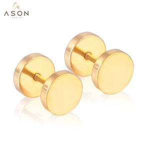 ASON Size 4/6/8mm Double Round Anti-allergy Piercing Screw Stud Earrings For Women Men Stainless Steel Gold Color Jewelry