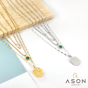 ASON Trendy Hexagon Charm Green Shell Accessories Multi-layer Chain Pendant Necklace Stainless Steel For Women Jewelry Boho