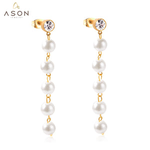 ASON Stainless Steel Imitation Pearls Drop Earrings with Cubic Zirconia for Women Hanging Dangle Earring Fashion Jewelry