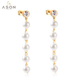 ASON Stainless Steel Imitation Pearls Drop Earrings with Cubic Zirconia for Women Hanging Dangle Earring Fashion Jewelry