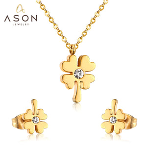 ASON Flower Cubic Zirconia Chain Pendant Necklace Piercing Stud Earrings Jewelry Sets Gold Color Stainless Steel For Women