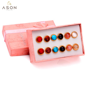 ASON-Juego de pendientes de ópalo de colores, 6 par/caja, aretes de acero inoxidable, joyería de moda para mujer, venta al por mayor, fiesta diaria 