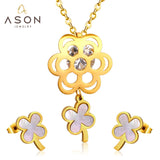 ASON Flower Shell Stainless Steel Gold Wedding Jewelry Sets for Women Cubic Zirconia Necklace Pendant Small Stud Earring