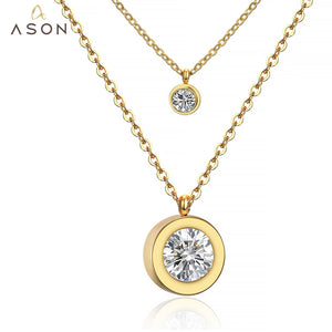 ASON Classic Style Round Cubic Zirconia Stainless Steel Multi-layer Chains Pendants Necklaces For Women Wedding Wholesale