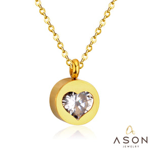 ASON Heart Cubic Zirconia Round Pendants Stainless Steel Chains Necklace Gold Color Accessories Wholesale Daily Wear Choker