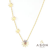 ASON Cute Flower Daisy Chain Necklace Stainless Steel Gold Color Choker with Cubic Zirconia 40cm with Extender Jewelry