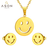 ASON Smile Face Jewelry Set Stainless Steel Pendant Necklace Small Piercing Stud Earrings Gold Color Fashion Party Gift