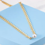 ASON Unusual Leaves Chain with Imitation Pearl Pendant Stainless Steel Choker for Women Fashion Jewelry Gift Accessories