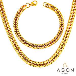 ASON 7mm Link Chians Jewelry Set Gold Color Stainless Steel Cuban Chain Necklace Bracelet Bangle Set For Women Men Fashion